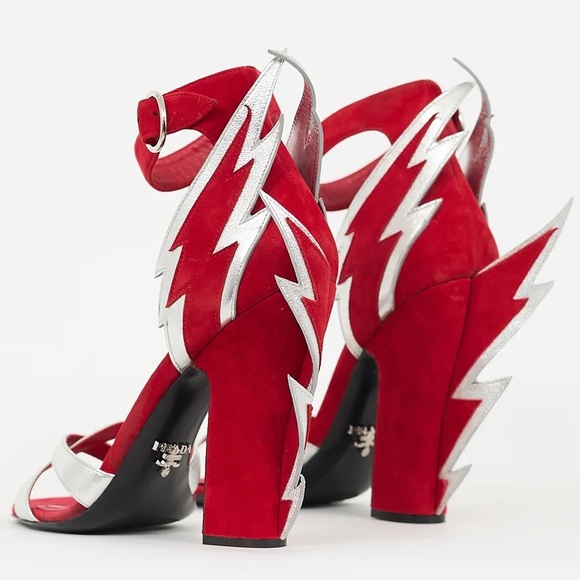 Prada Thunderbolt Red Silver Suede Leather Lightning Bolt Stiletto Heel Pumps - Picture 3 of 4